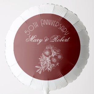 Flourished 50th anniversary in burgundy and white balloon