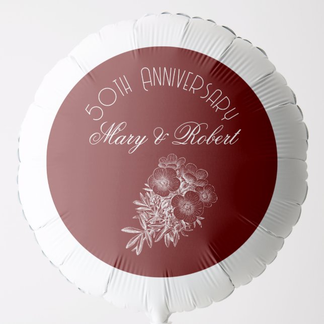 Flourished 50th anniversary in burgundy and white balloon (Front)