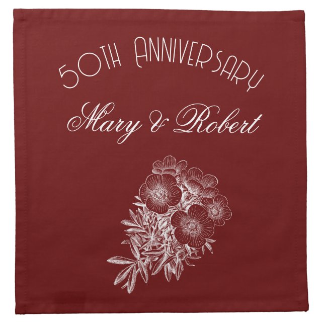 Flourished 50th anniversary in burgundy and white cloth napkin (Front)