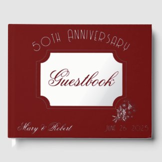Flourished 50th anniversary in burgundy and white