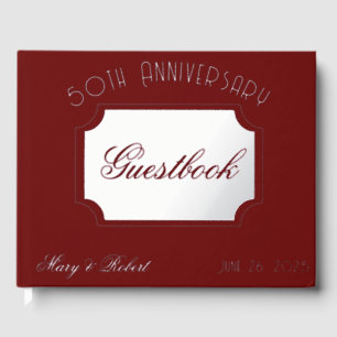 Flourished 50th anniversary in burgundy and white foil guest book