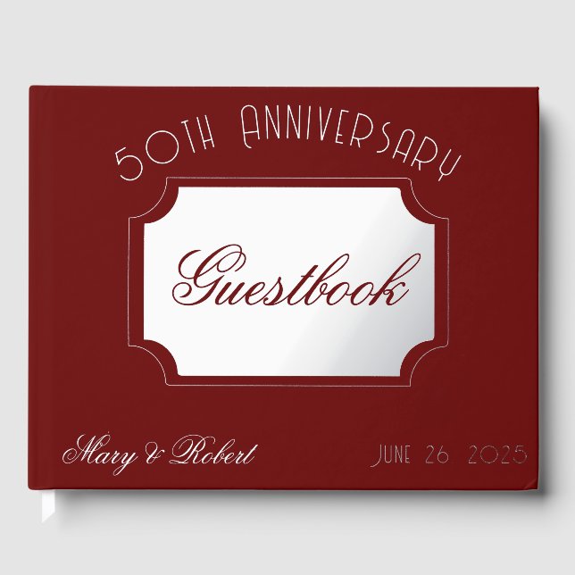 Flourished 50th anniversary in burgundy and white foil guest book  (Front)