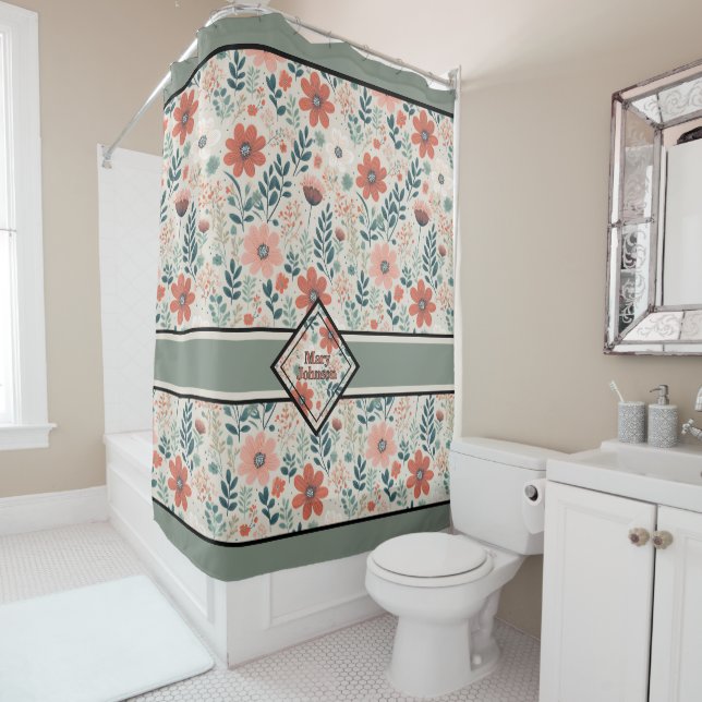 Flourished boho muted tones personalized shower curtain (In Situ)