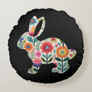 Flourished Easter Bunny Silhouette on Black Bg Round Pillow