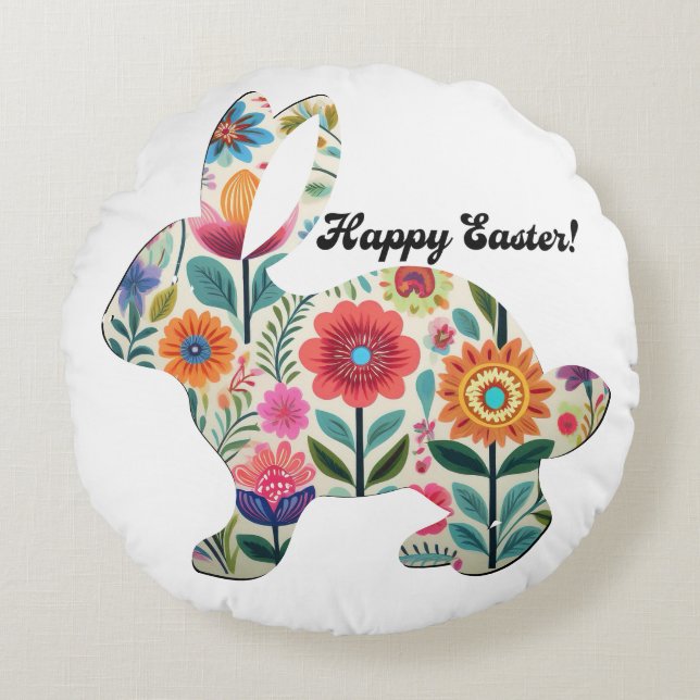 Flourished Easter Bunny Silhouette Personalizable  Round Pillow (Front)