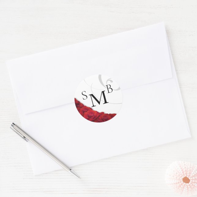 Flourished Red Rose Wedding Classic Round Sticker (Envelope)