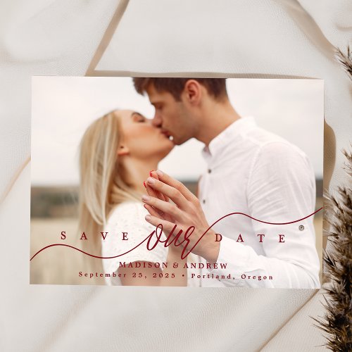 Flourishing Burgundy Script Photo Save The Date