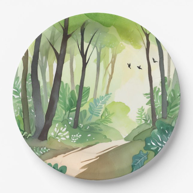 Flourishing Green Forest | Nature Watercolor Paper Plates (Front)