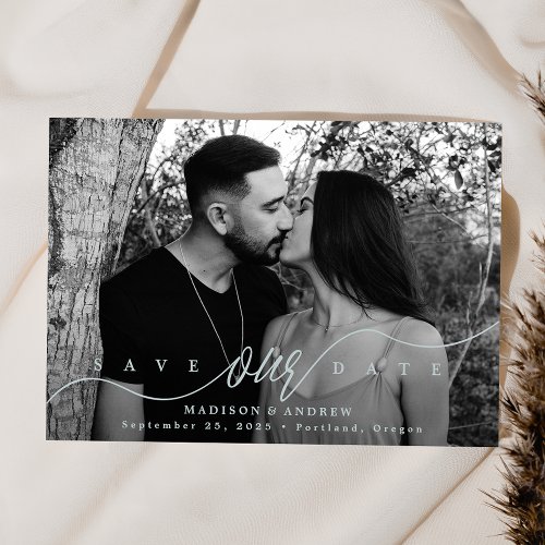 Flourishing Light Blue Script Photo Save The Date