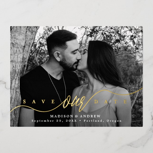 Flourishing Love Gold Script Save the Date Foil Invitation Postcard (Front)