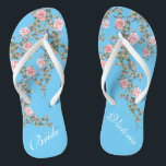 Flourishing Pink Flowers Bride Wedding Blue  Flip Flops<br><div class="desc">The flops features flourishing pink flowers illustration on bright blue background and a classic wedding words typography. This beautiful pair of elegant flip flops would be a beautiful something blue for a spring or summer wedding. ♥Customize it with your text by using the template fields. ♥ If you want to...</div>