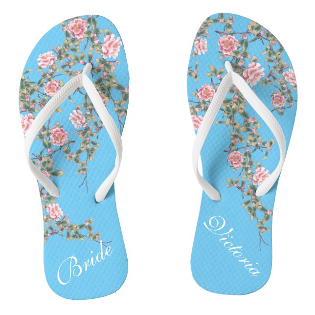 Flourishing Pink Flowers Bride Wedding Blue  Flip Flops (Footbed)