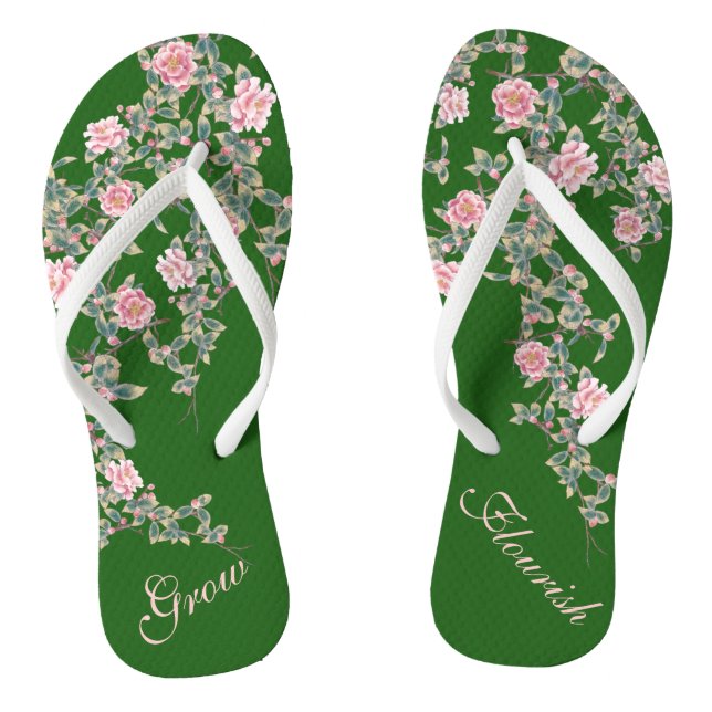 Flourishing Pink Flowers Inspiring Quote Green Fli Flip Flops (Footbed)