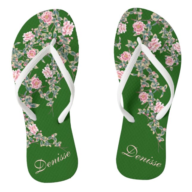 Flourishing Pink Flowers Personalized Name Green Flip Flops (Footbed)