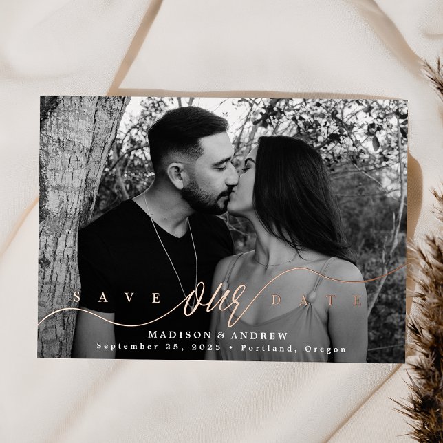 Flourishing Rose Gold Script Save the Date Foil Invitation (Creator Uploaded)