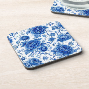 Flow Blue Blossoms Roses Peonies Cobalt Blue White Beverage Coaster