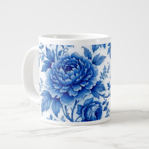 Flow Blue Blossoms Roses Peonies Cobalt Blue White Giant Coffee Mug