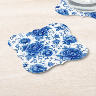 Flow Blue Blossoms Roses Peonies Cobalt Blue White Paper Coaster