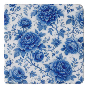 Flow Blue Blossoms Roses Peonies Cobalt Blue White Trivet
