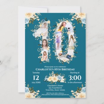 Flower 10th Birthday Teal Photo Collage Yellow Invitation by SorayaShanCollection at Zazzle