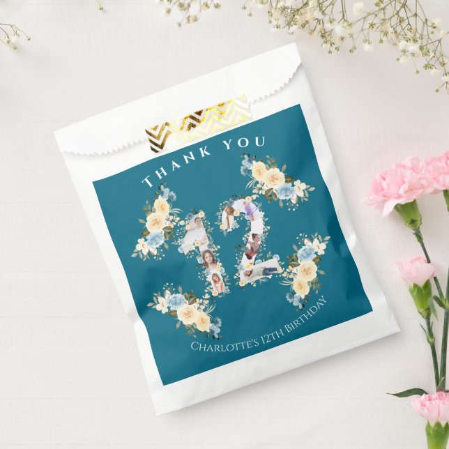 Flower 12th Birthday Teal Photo Collage Yellow Favor Bag (Sealed)