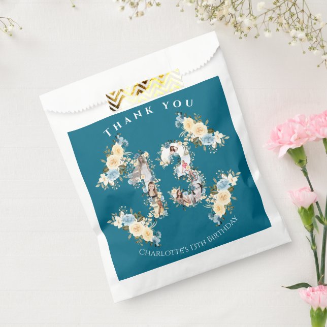 Flower 13th Birthday Teal Photo Collage Yellow Favor Bag (Sealed)