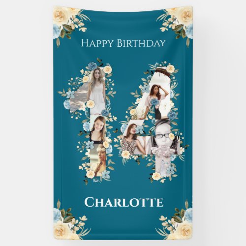Flower 14th Birthday Teal Photo Collage Yellow Banner