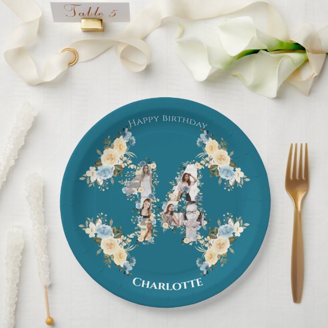 Flower 14th Birthday Teal Photo Collage Yellow Paper Plates (Wedding)