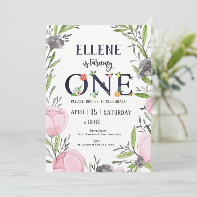 Flower 1st Birthday Invitation, Girl 1st Birthday Invitation (Standing Front)