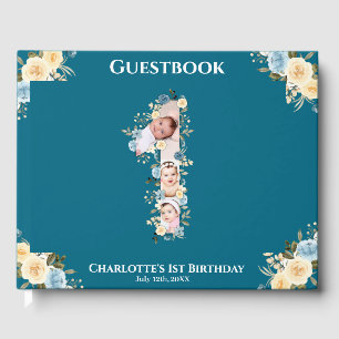 Flower 1st Birthday Teal Photo Collage Blue Yellow Guest Book