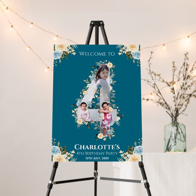 Flower 4th Birthday Teal Photo Blue Yellow Welcome Foam Board (In Situ (Stand))