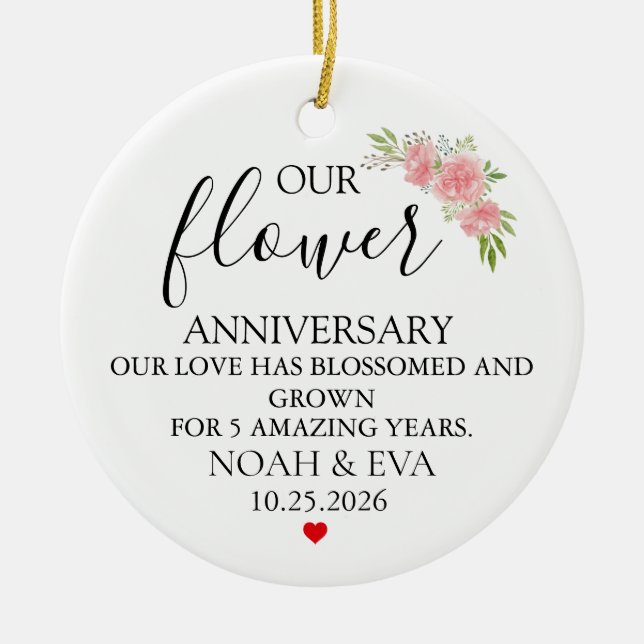  Flower 5th Anniversary Gift, 5th Year Wedding  Ceramic Ornament (Front)