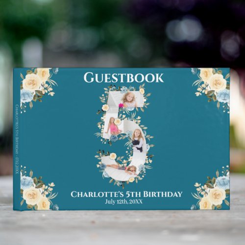 Flower 5th Birthday Teal Photo Collage Blue Yellow Guest Book