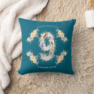 Flower 9th Birthday Teal Photo Collage Blue Yellow Throw Pillow