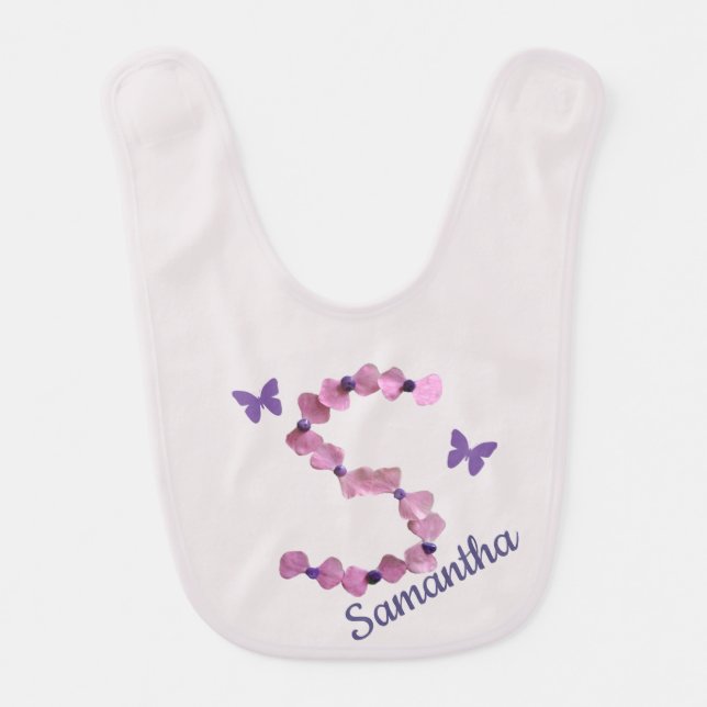 Flower and Bead Pink Letter S Monogram Baby Bib (Front)