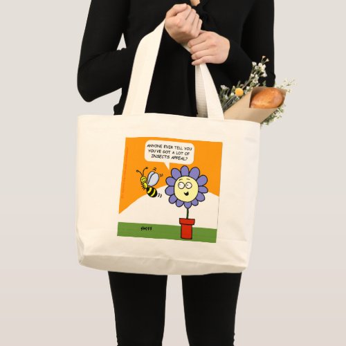 Flower and Bee Cartoon Art Insects Appeal Funny Large Tote Bag