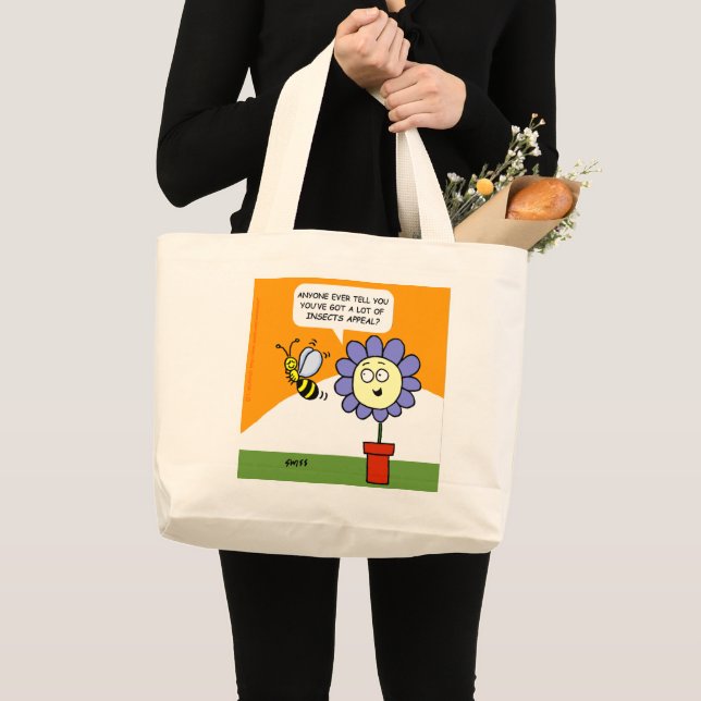 Flower and Bee Cartoon Art Insects Appeal Funny Large Tote Bag (Front (Product))