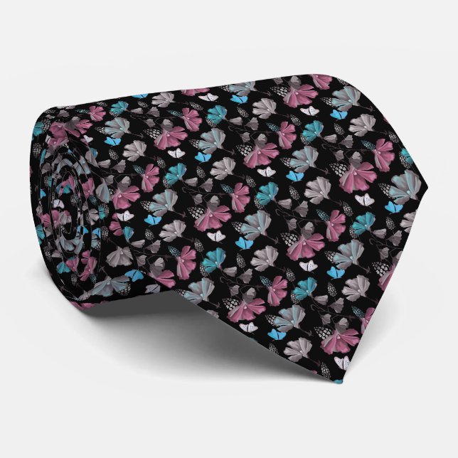 Flower and Butterflies Pattern  Neck Tie (Rolled)