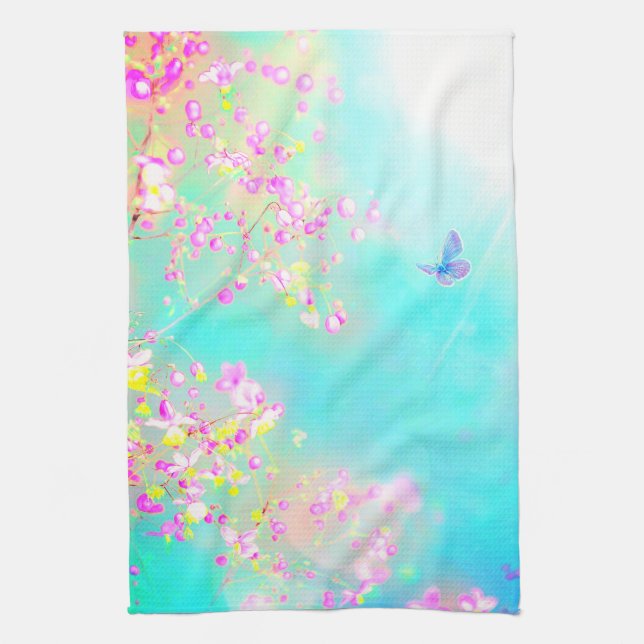 Flower and butterfly floral cute spring blue pink kitchen towel (Vertical)