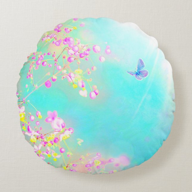 Flower and butterfly spring blue pink cute round pillow (Front)