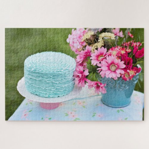 Flower and cake on table color photograph jigsaw puzzle