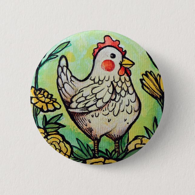 Flower and Chicken Illustration Chickens           Button (Front)