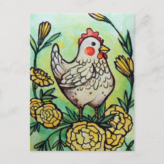 Flower and Chicken Illustration Chickens           Postcard