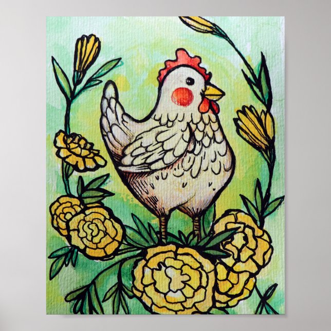 Flower and Chicken Illustration Chickens           Poster (Front)