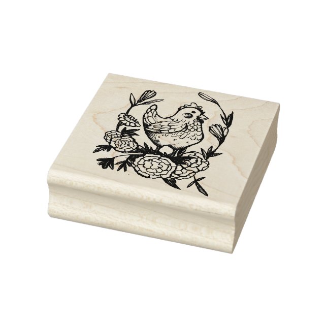 Flower and Chicken Illustration Chickens           Rubber Stamp (Stamp)