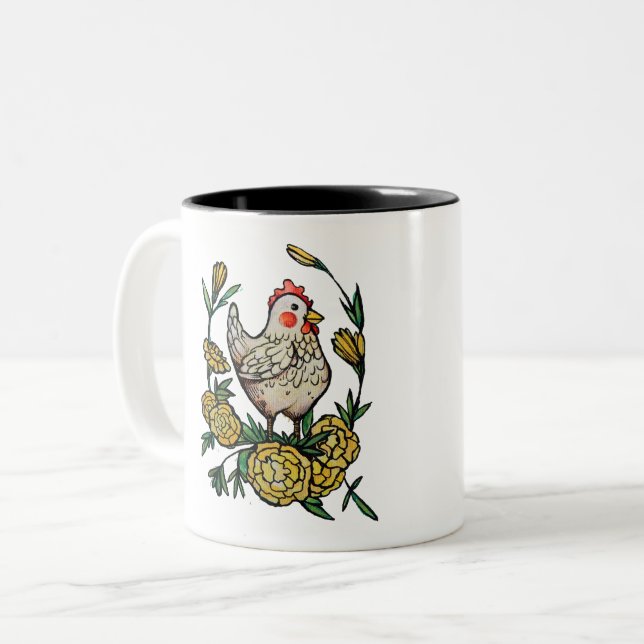 Flower and Chicken Illustration Chickens           Two-Tone Coffee Mug (Front Left)