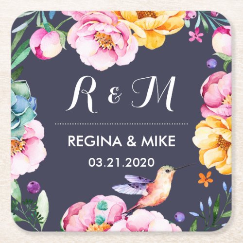 Flower and Floral Wreath Spring Wedding Monogram Square Paper Coaster