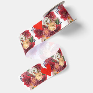 Flower and Heart Romantic Floral Design Satin Ribbon