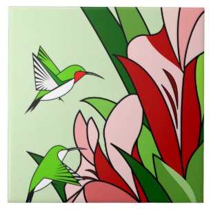 Flower and Hummingbird Ceramic Tile