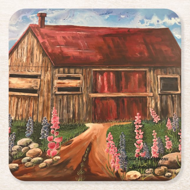 Flower and Landscape Red Rustic Square Paper Coaster (Front)
